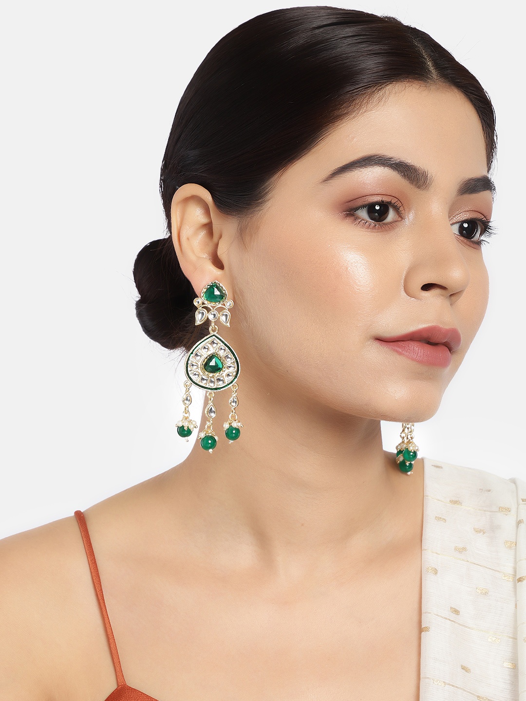 

LAIDA Gold-Plated & Green Kundan Studded Contemporary Drop Earrings