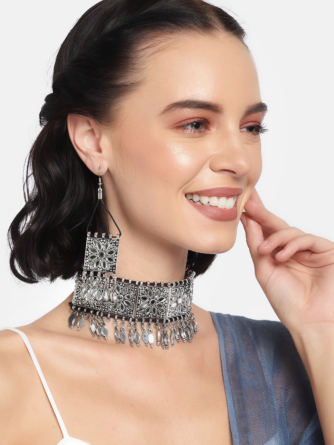 LAIDA Oxidized Silver-Toned Mirror Work Jewellery Set