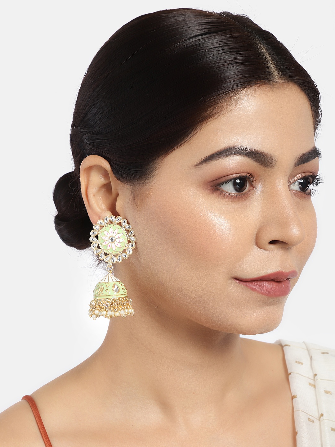 

LAIDA Sea Green & Gold-Plated Enamelled Dome Shaped Jhumkas