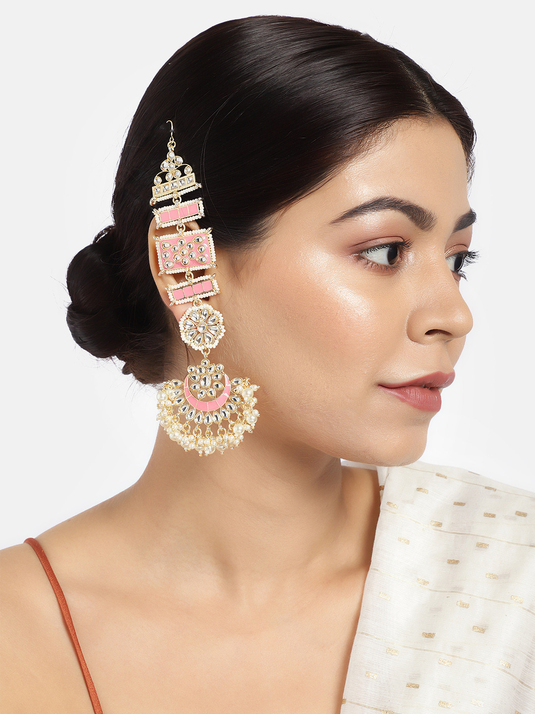

LAIDA Pink Gold-Plated Enamelled Kundan Chandbalis with Ear Chains
