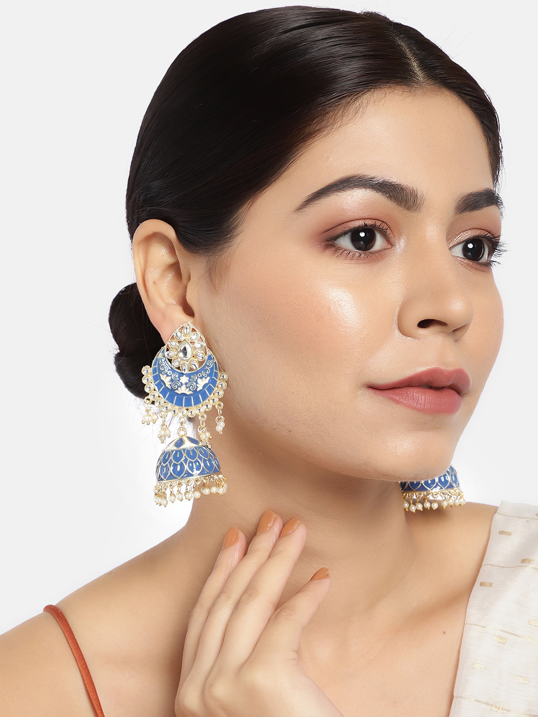 

LAIDA Blue & Gold-Plated Enamelled Dome Shaped Jhumkas
