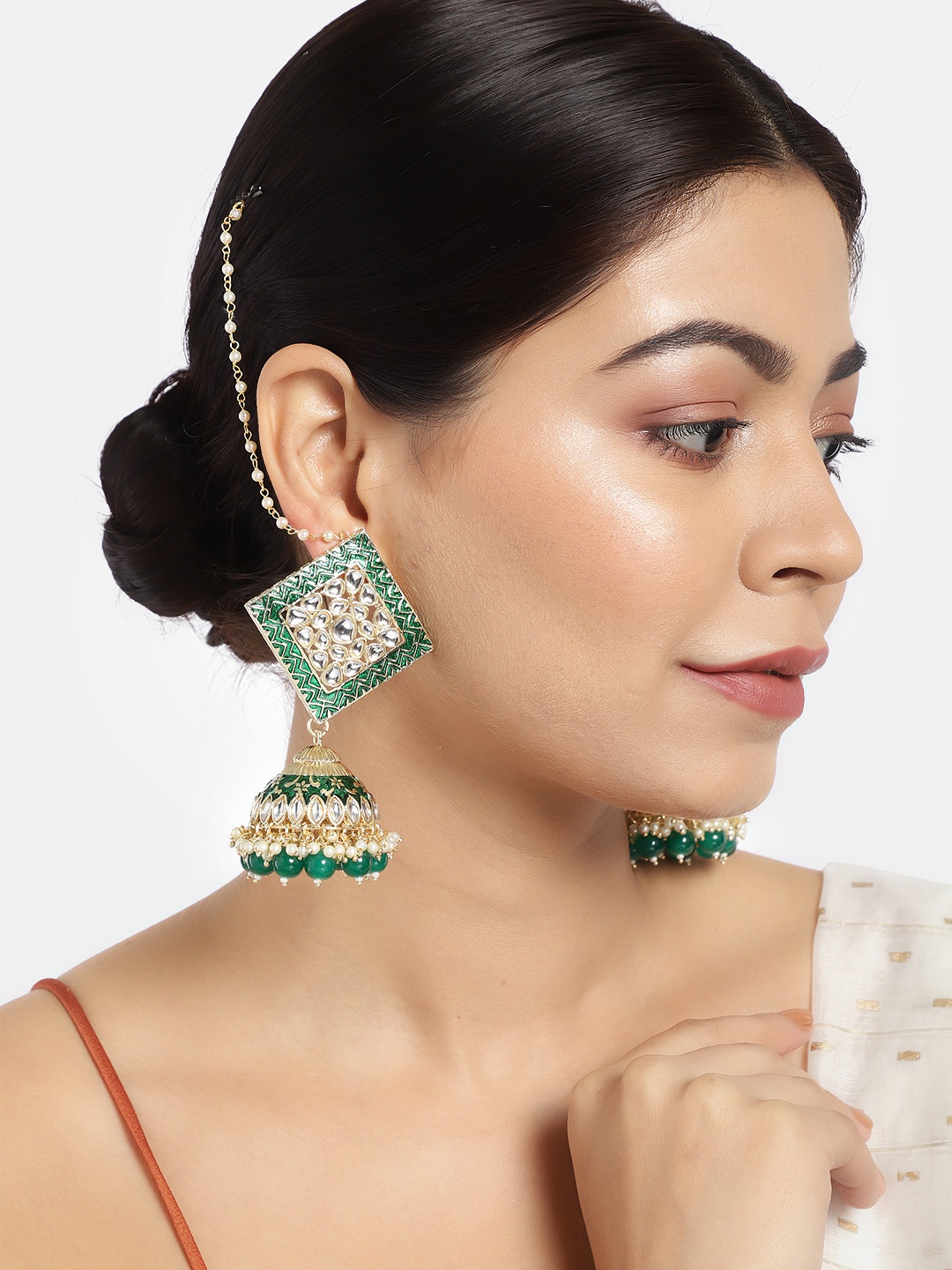 

LAIDA Green Gold-Plated Hand Painted Dome Shaped Jhumkas with Ear Chain