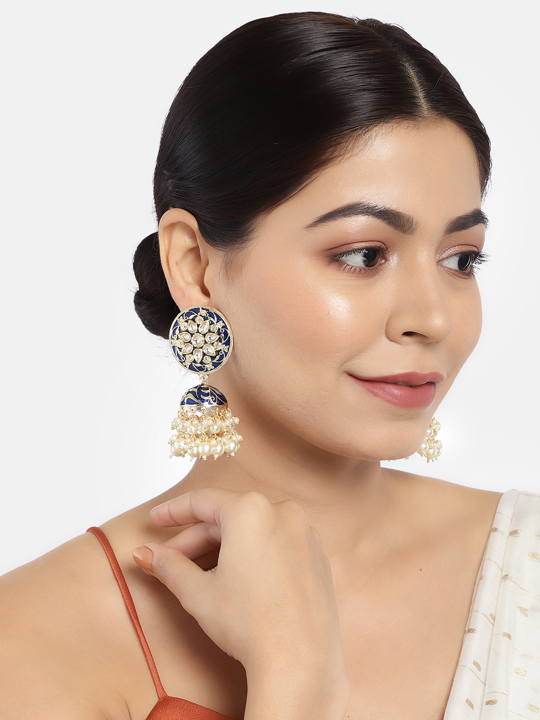 

LAIDA Navy Blue & Gold-Plated Stone Studded Handcrafted Dome Shaped Jhumkas