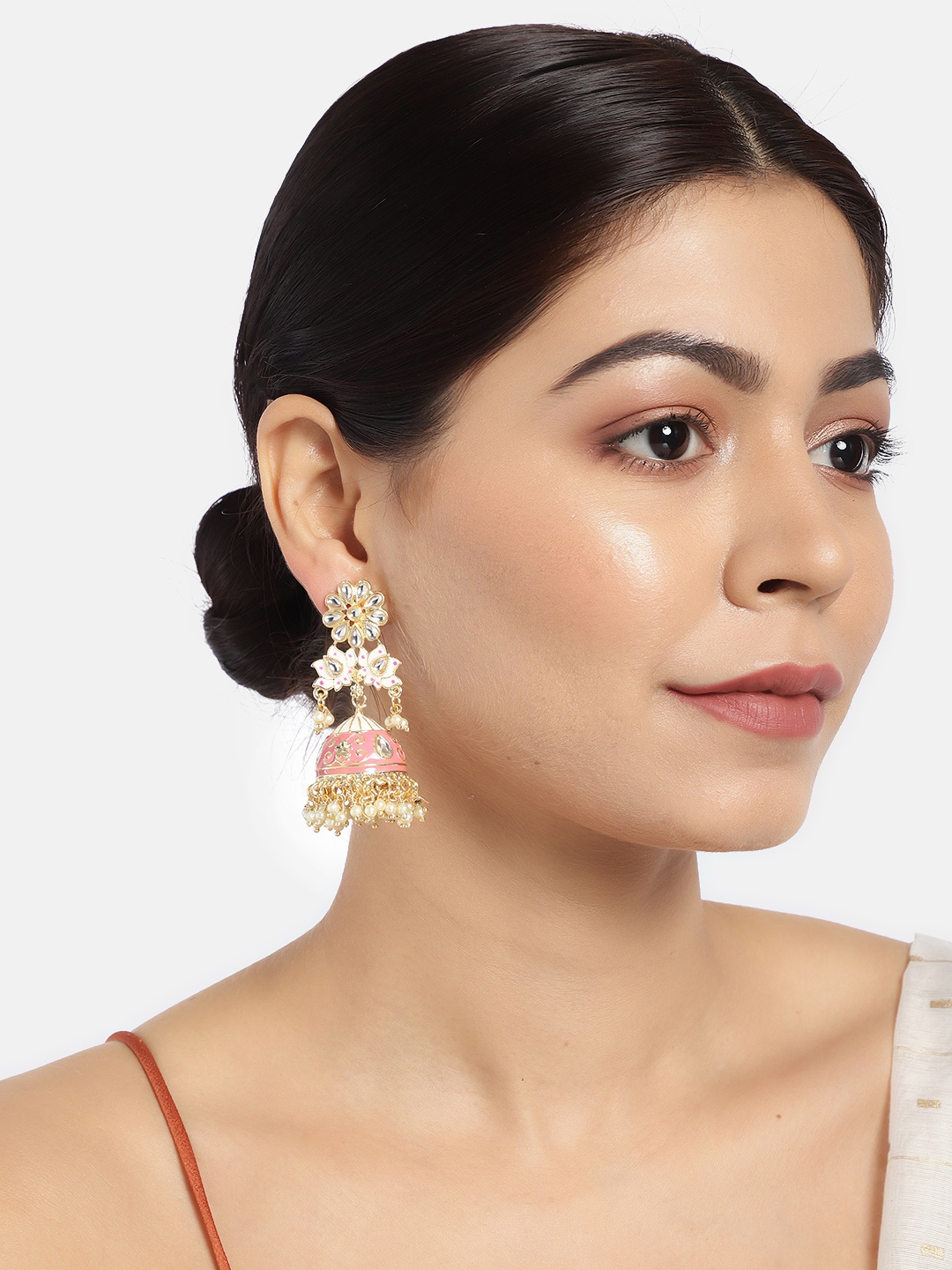

LAIDA Gold-Plated & Pink Enamelled Stone Studded Shaped Jhumkas