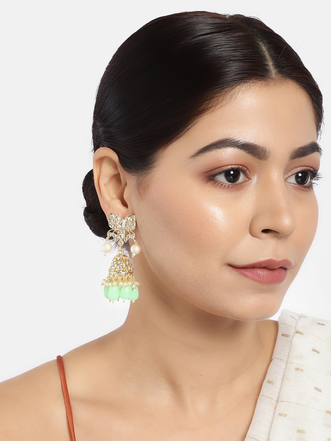 

LAIDA Gold-Toned & Sea Green Stone-Studded Handcrafted Classic Jhumkas