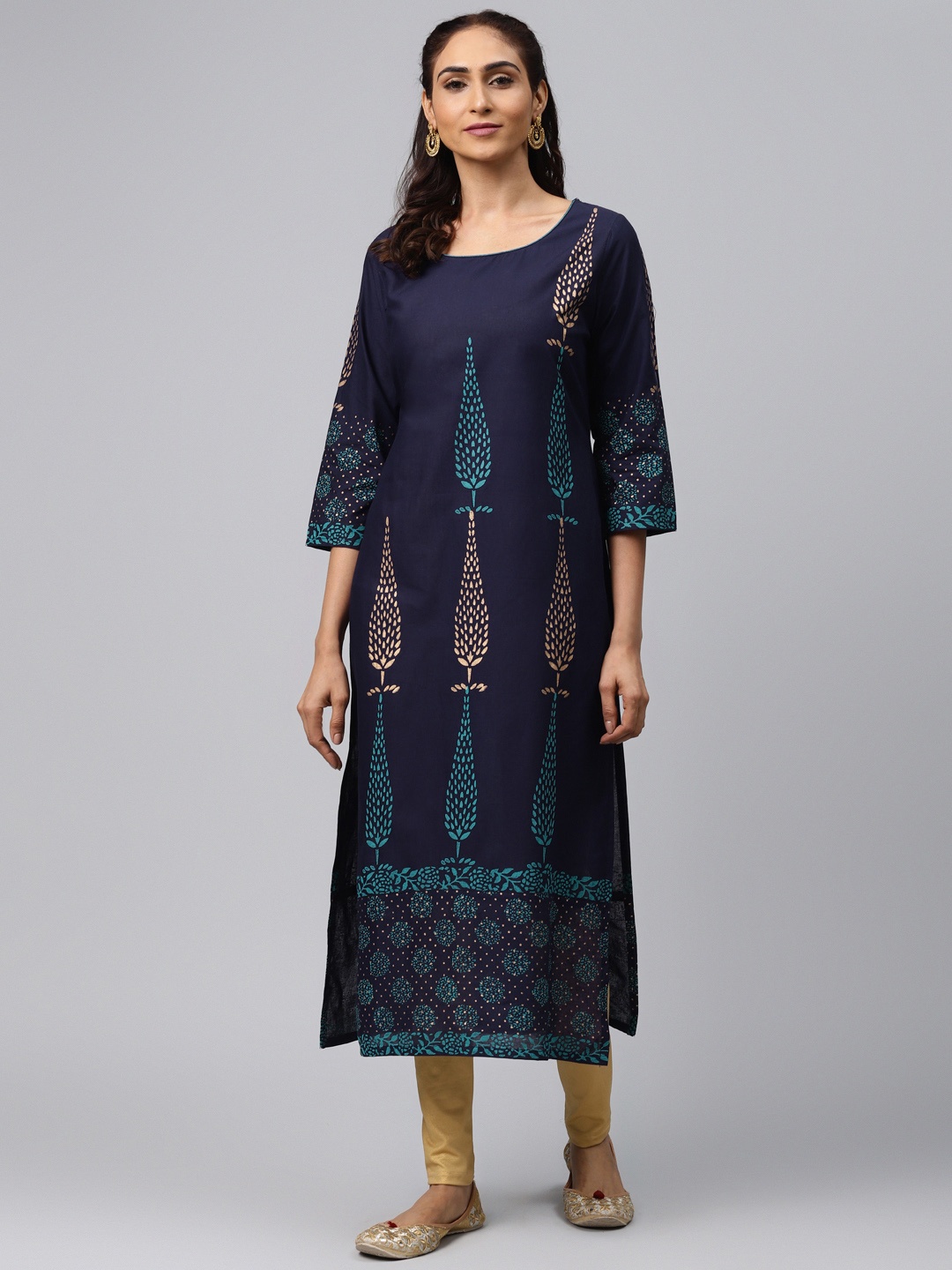 

Akshatani Women Navy Blue & Golden Hand Block Print Straight Kurta