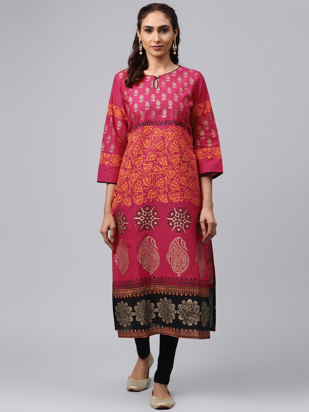 

Akshatani Women Pink & Orange Hand Block Print Straight Kurta