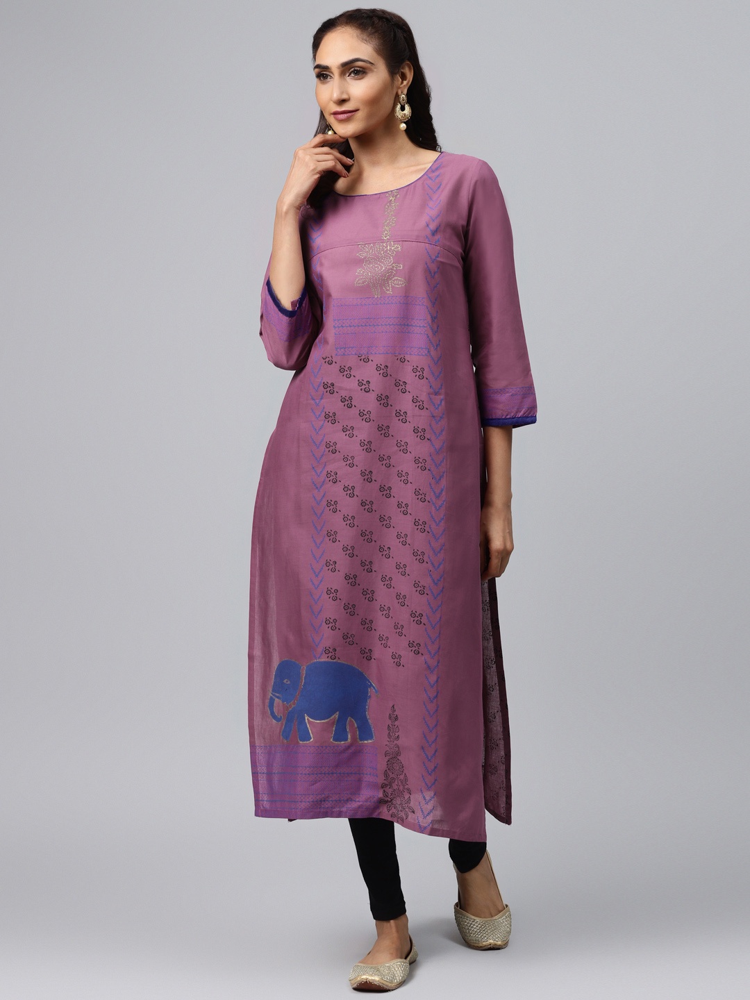 

Akshatani Women Mauve & Blue Hand Block Print Straight Kurta