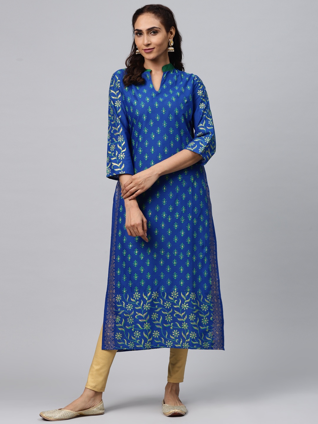 

Akshatani Women Blue & Green Hand Block Print Straight Kurta