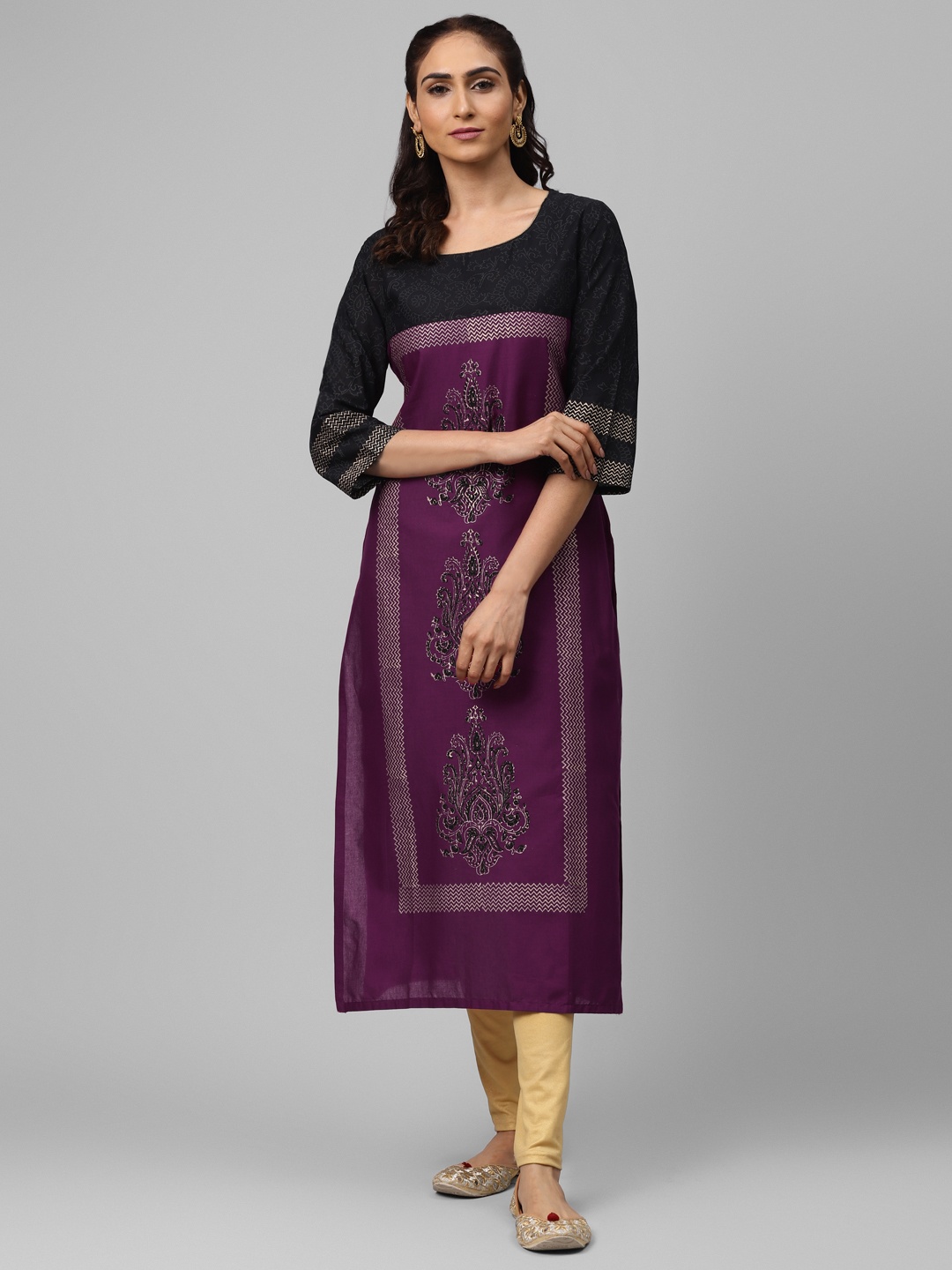 

Akshatani Women Purple & Black Hand Block Print Straight Kurta
