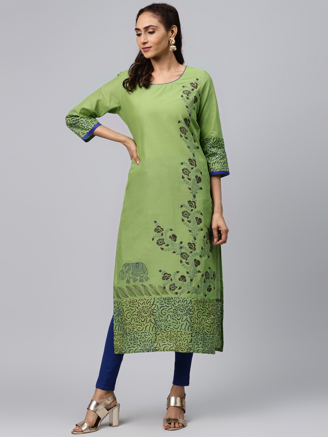 

Akshatani Women Green & Coffee Brown Hand Block Print Straight Kurta