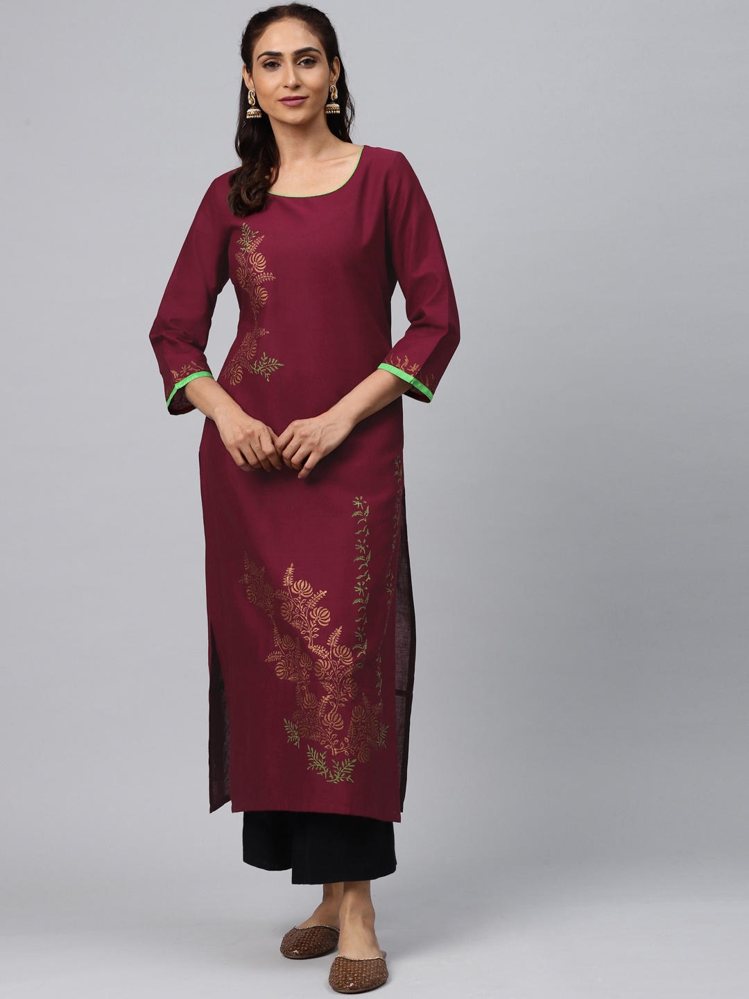 

Akshatani Women Burgundy & Golden Hand Block Print Straight Kurta