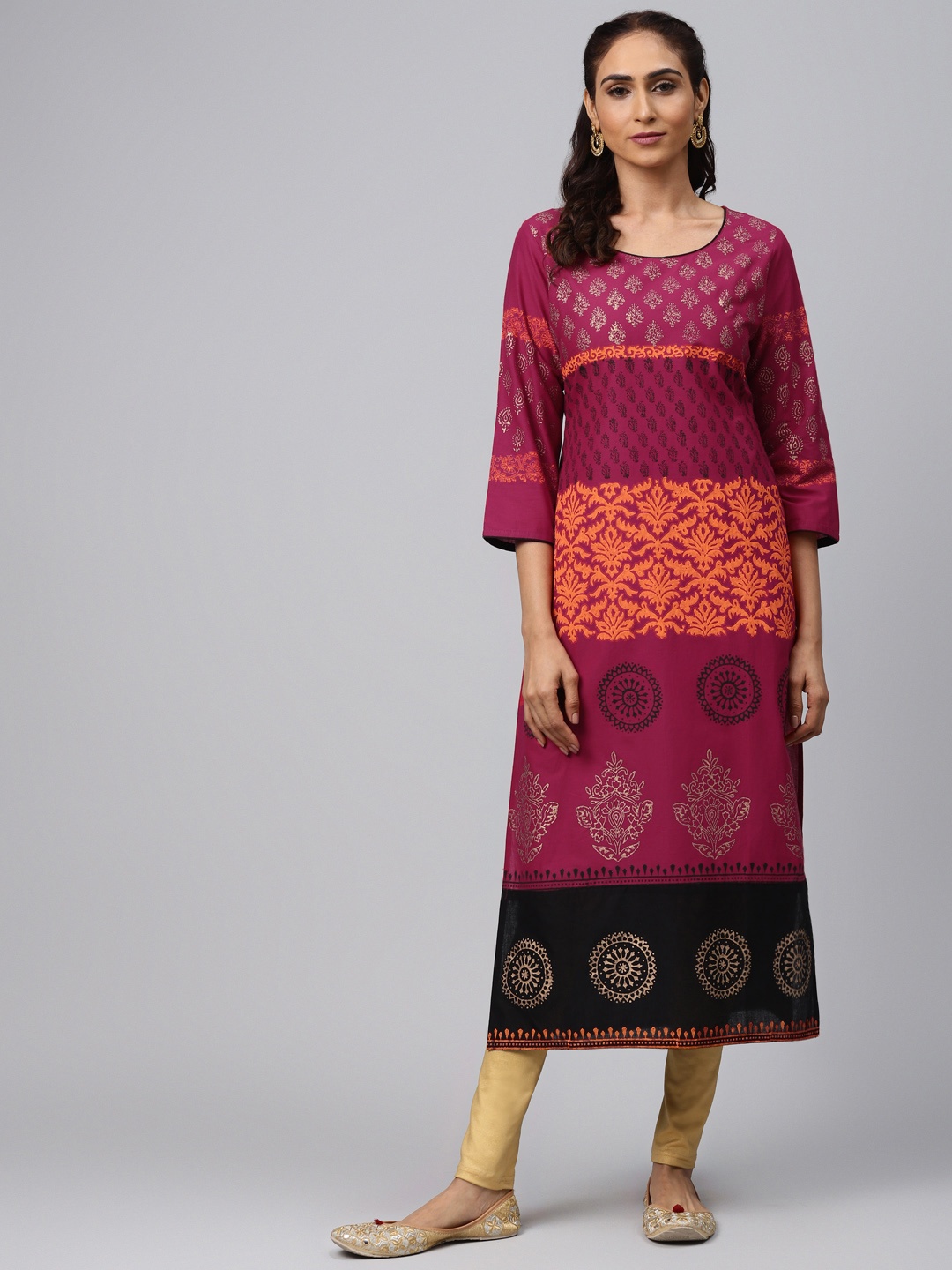 

Akshatani Women Magenta & Coral Orange Hand Block Print Straight Kurta