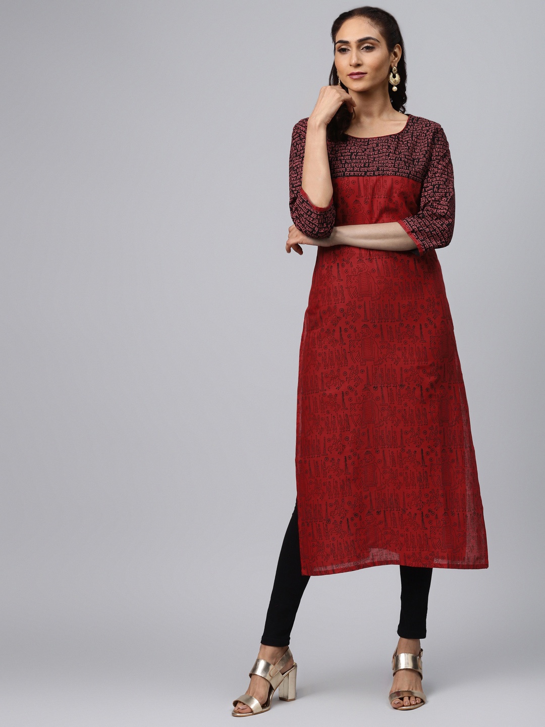 

Akshatani Women Red & Black Warli Hand Block Print Straight Kurta