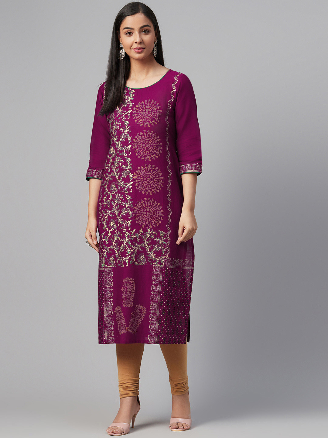 

Akshatani Women Aubergine & Golden Ethnic Motif Hand Block Print Straight Kurta, Purple