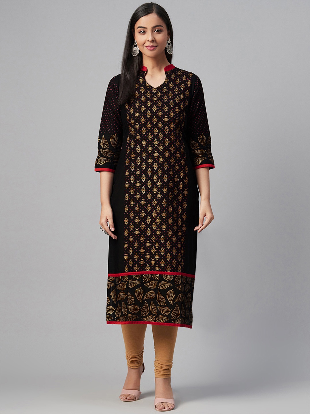 

Akshatani Women Black & Golden Ethnic Motifs Block Print Straight Kurta