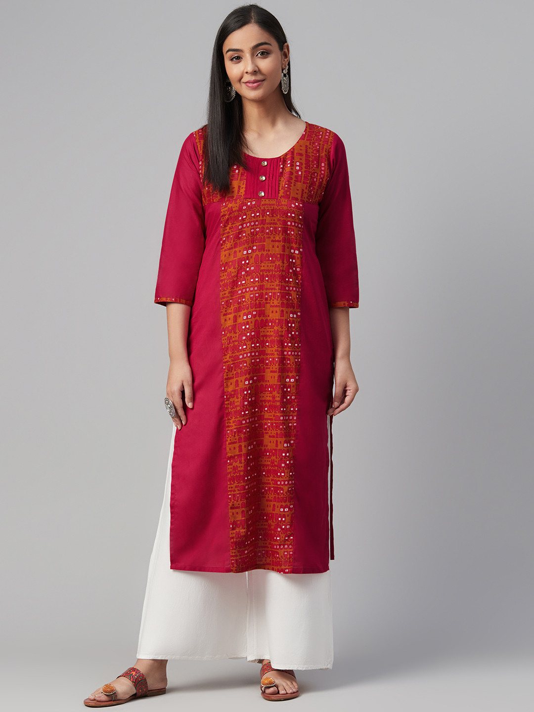 

Akshatani Women Pink & Rust Orange Hand Block Print Straight Kurta