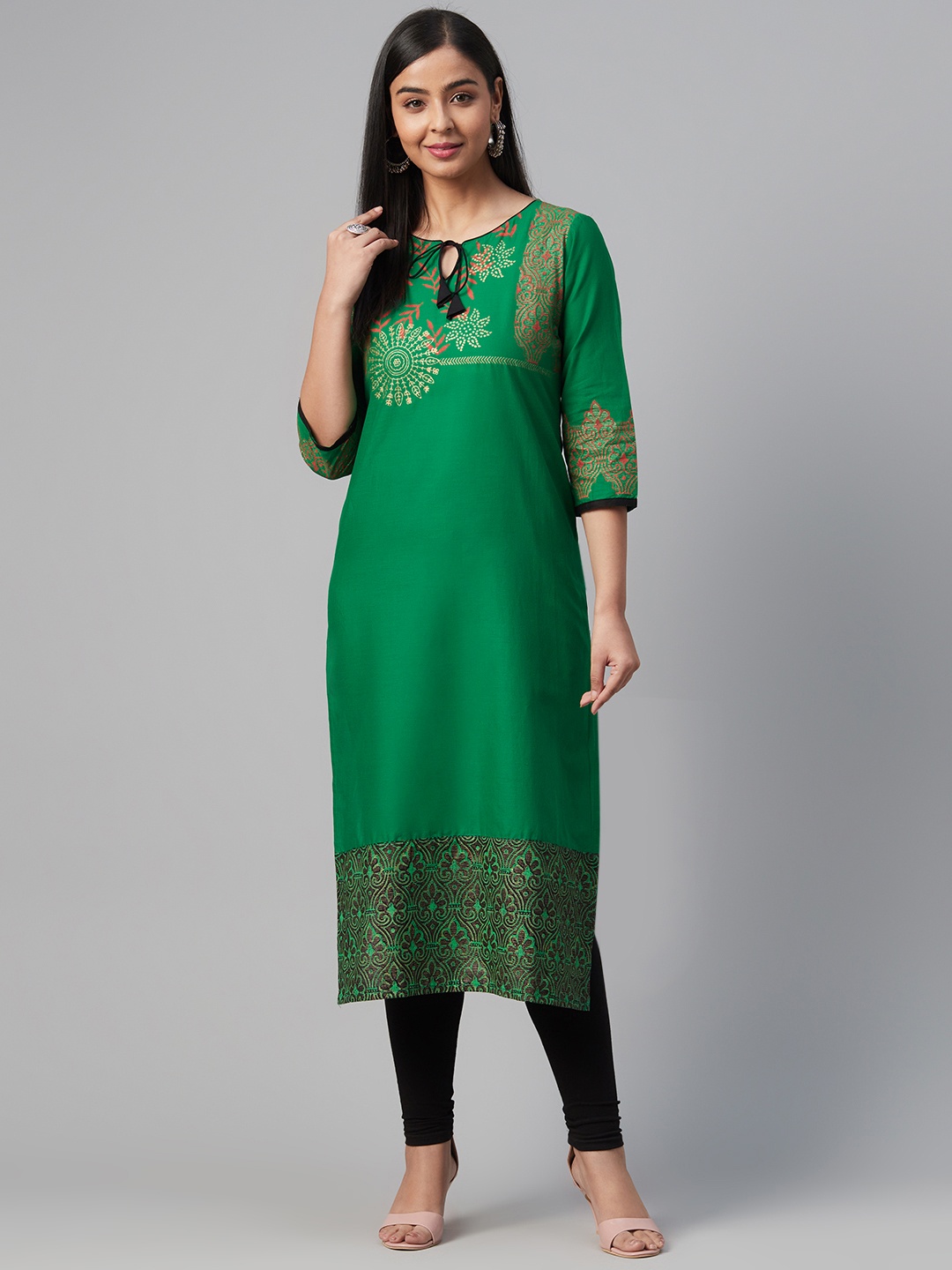 

Akshatani Women Green & Golden Ethnic Motifs Hand Block Print Straight Kurta