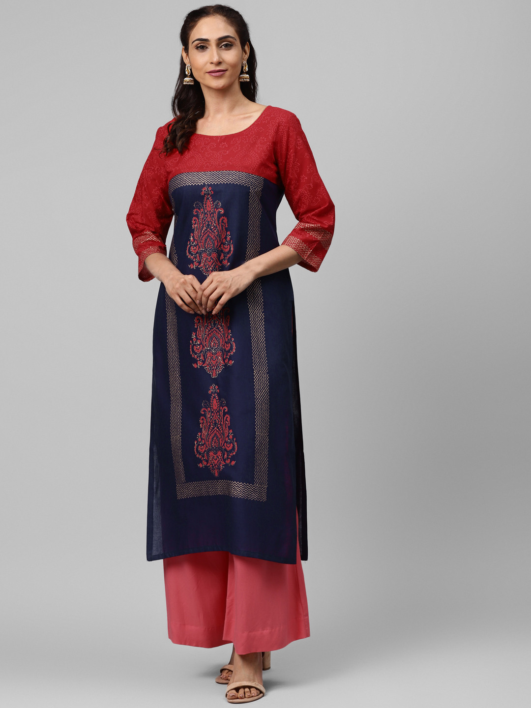 

Akshatani Women Navy Blue & Red Hand Block Print Straight Kurta