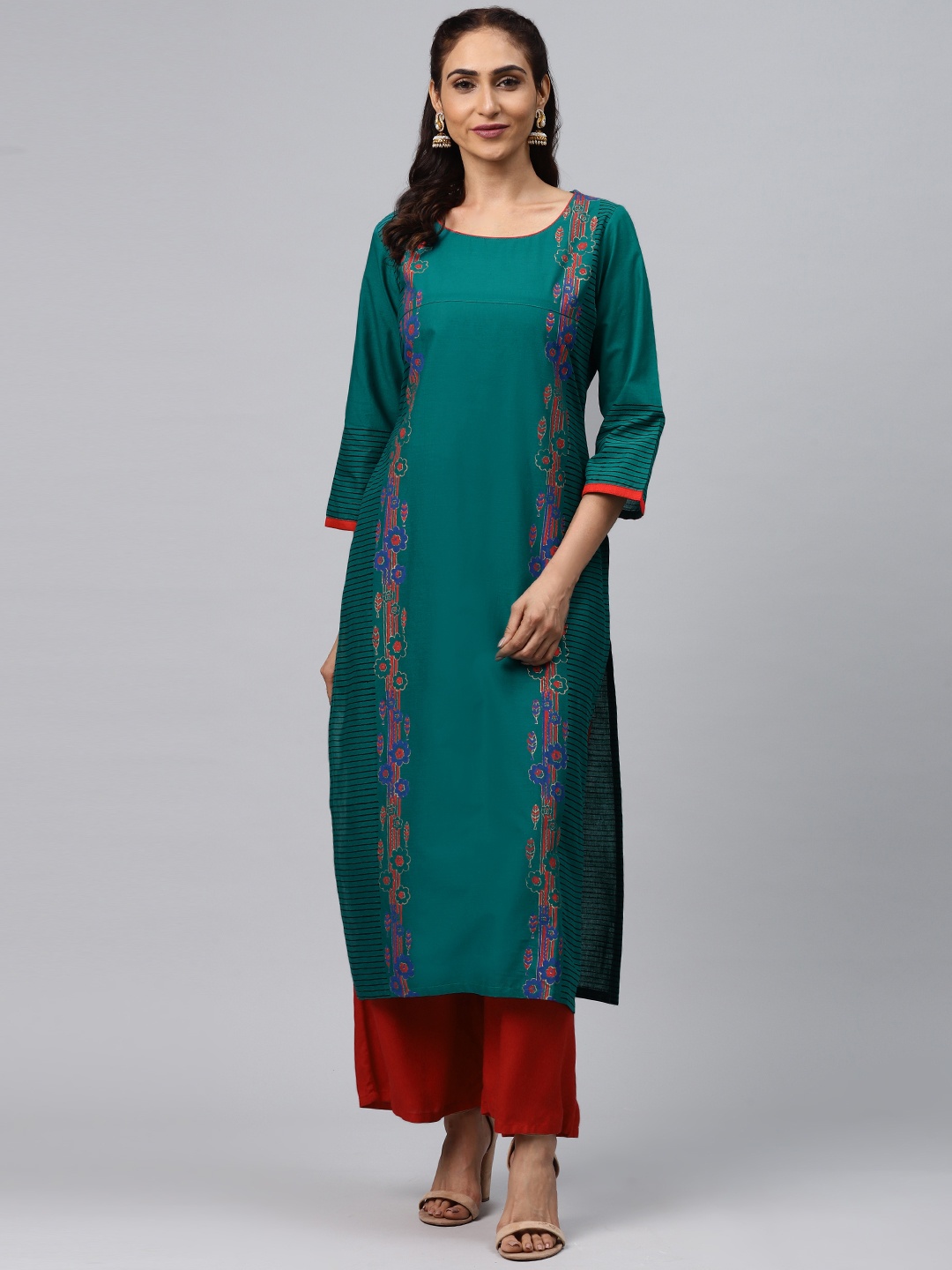 

Akshatani Women Teal Green & Red Hand Block Print Straight Kurta