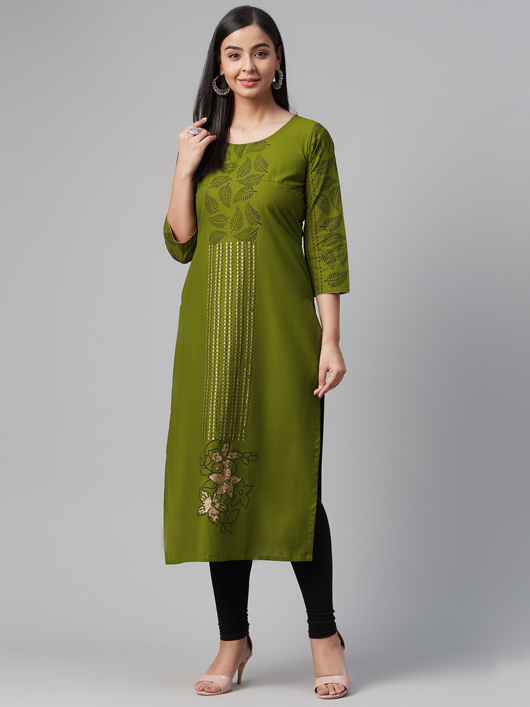 

Akshatani Women Olive Green & Black Floral Hand Block Print Straight Kurta