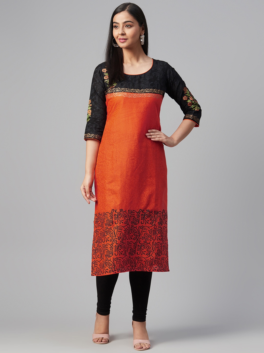 

Akshatani Women Orange & Black Ethnic Motif Hand Block Print Straight Kurta