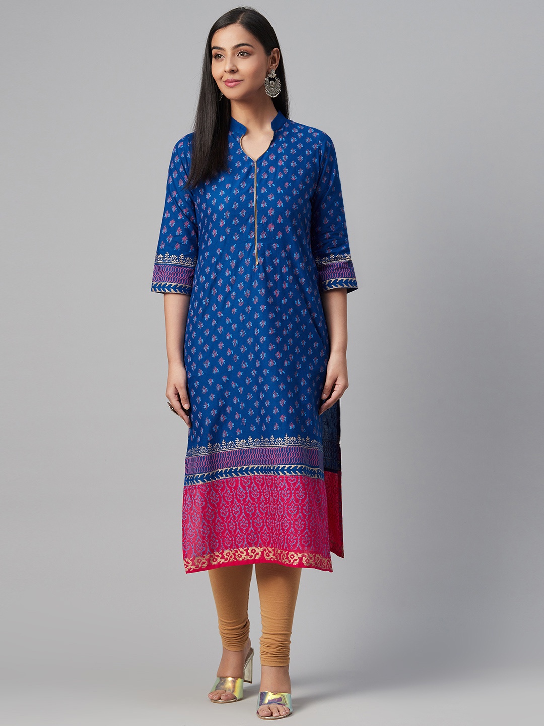 

Akshatani Women Blue & Pink Ethnic Motifs Hand Block Print Straight Kurta