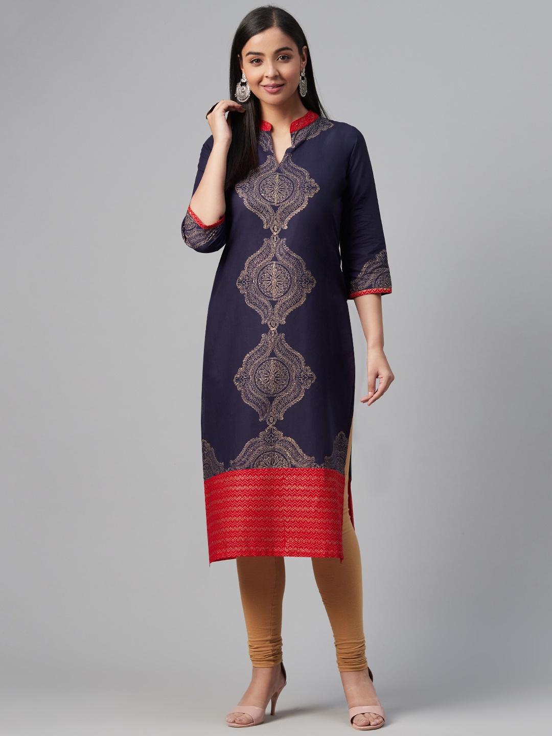 

Akshatani Women Navy Blue & Golden Ethnic Motifs Block Print Straight Kurta