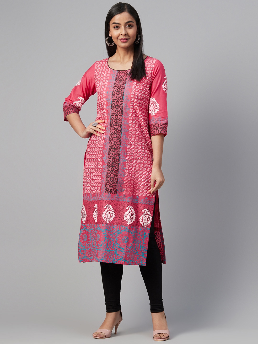 

Akshatani Women Pink & White Ethnic Motifs Hand Block Print Straight Kurta