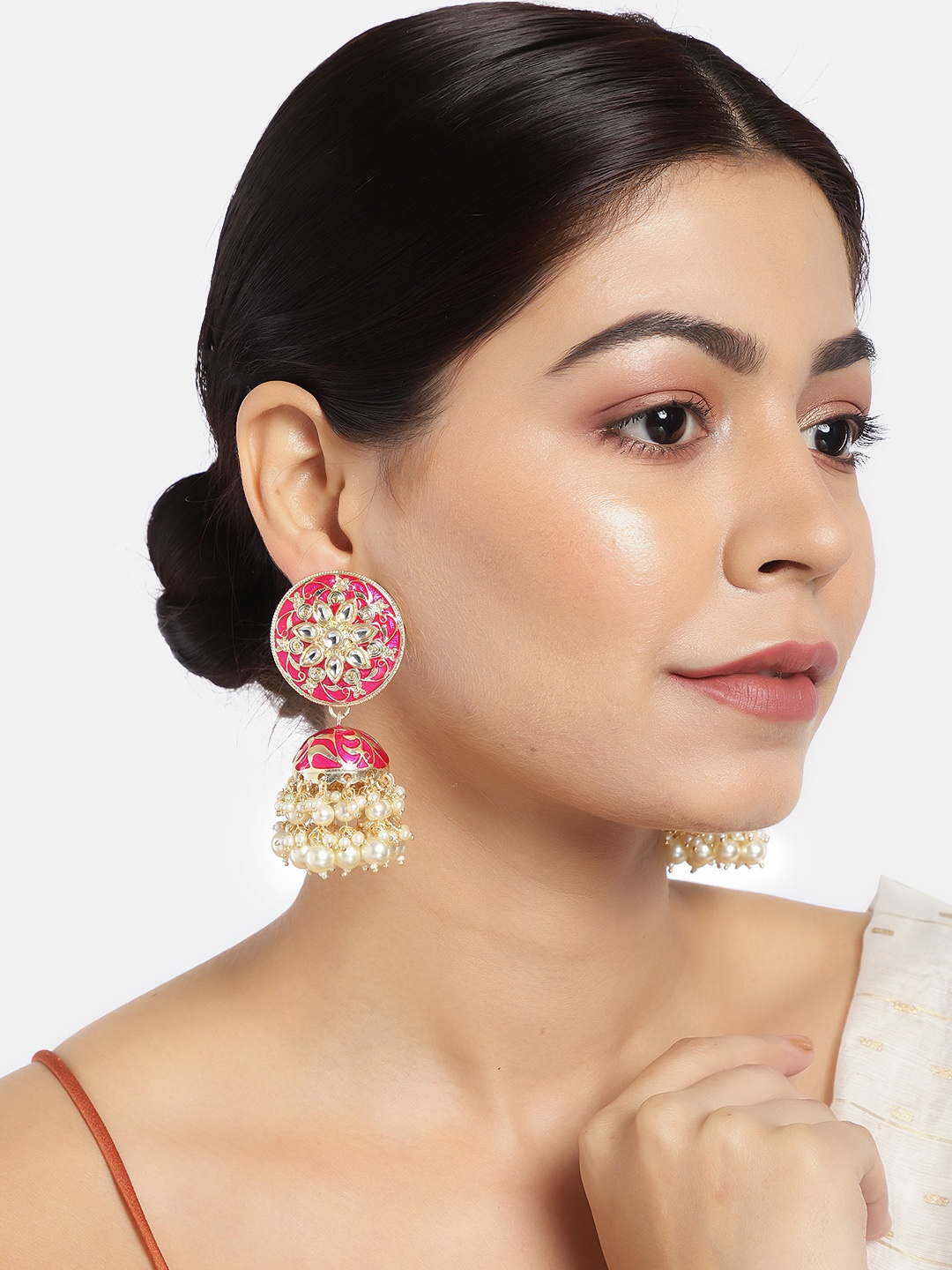 

LAIDA Pink & Gold-Plated Enamelled Stone-Studded Dome Shaped Jhumkas