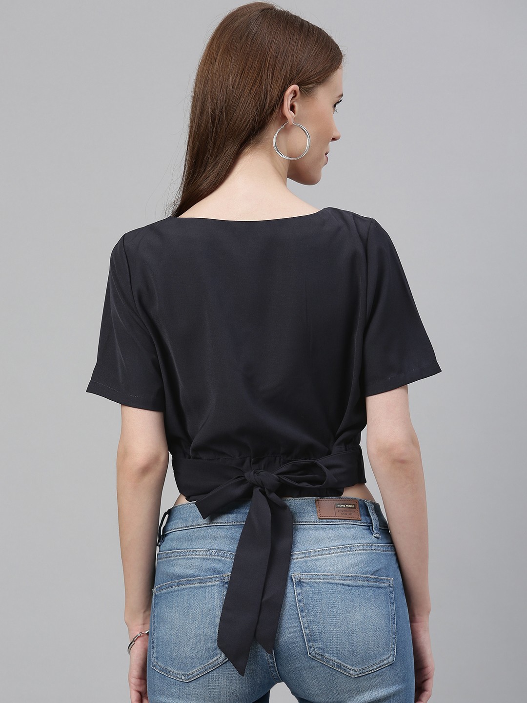 

Vero Moda Women Navy Blue Solid Cropped Wrap Top with Tie-Ups