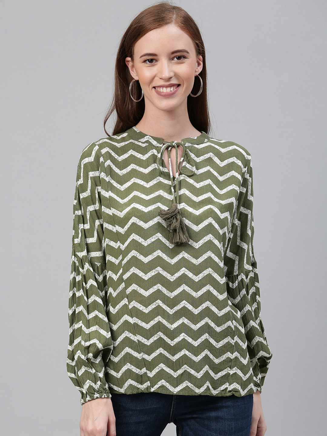 

Vero Moda Women Green & White Printed Tie-Up Neck Top
