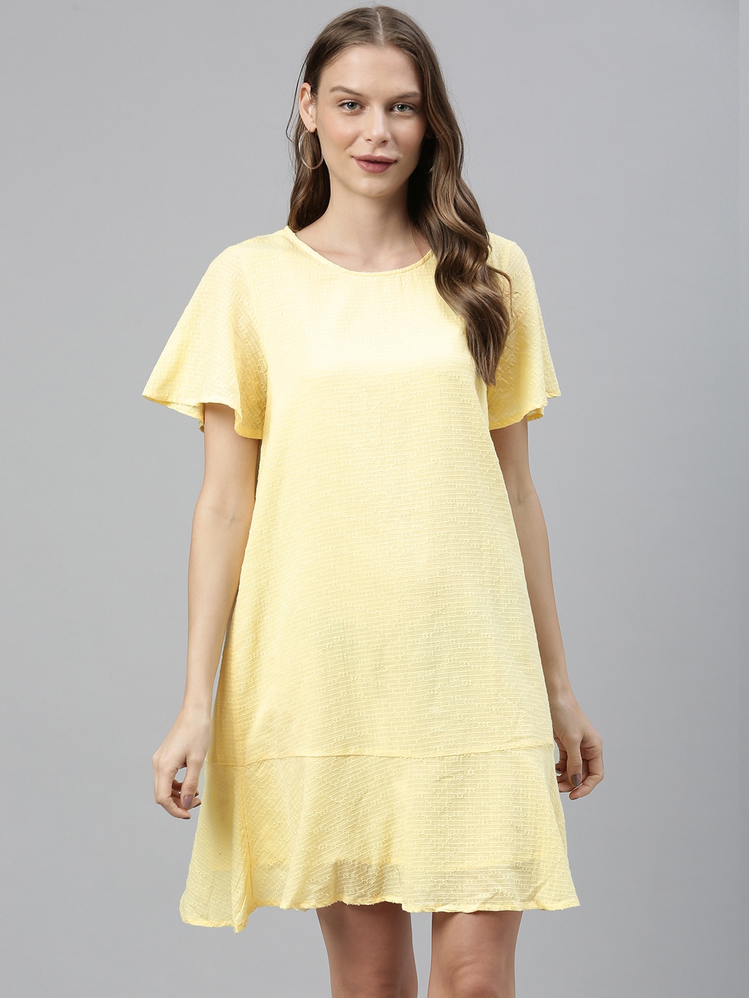 

Vero Moda Women Yellow Self Design Tiered A-Line Dress