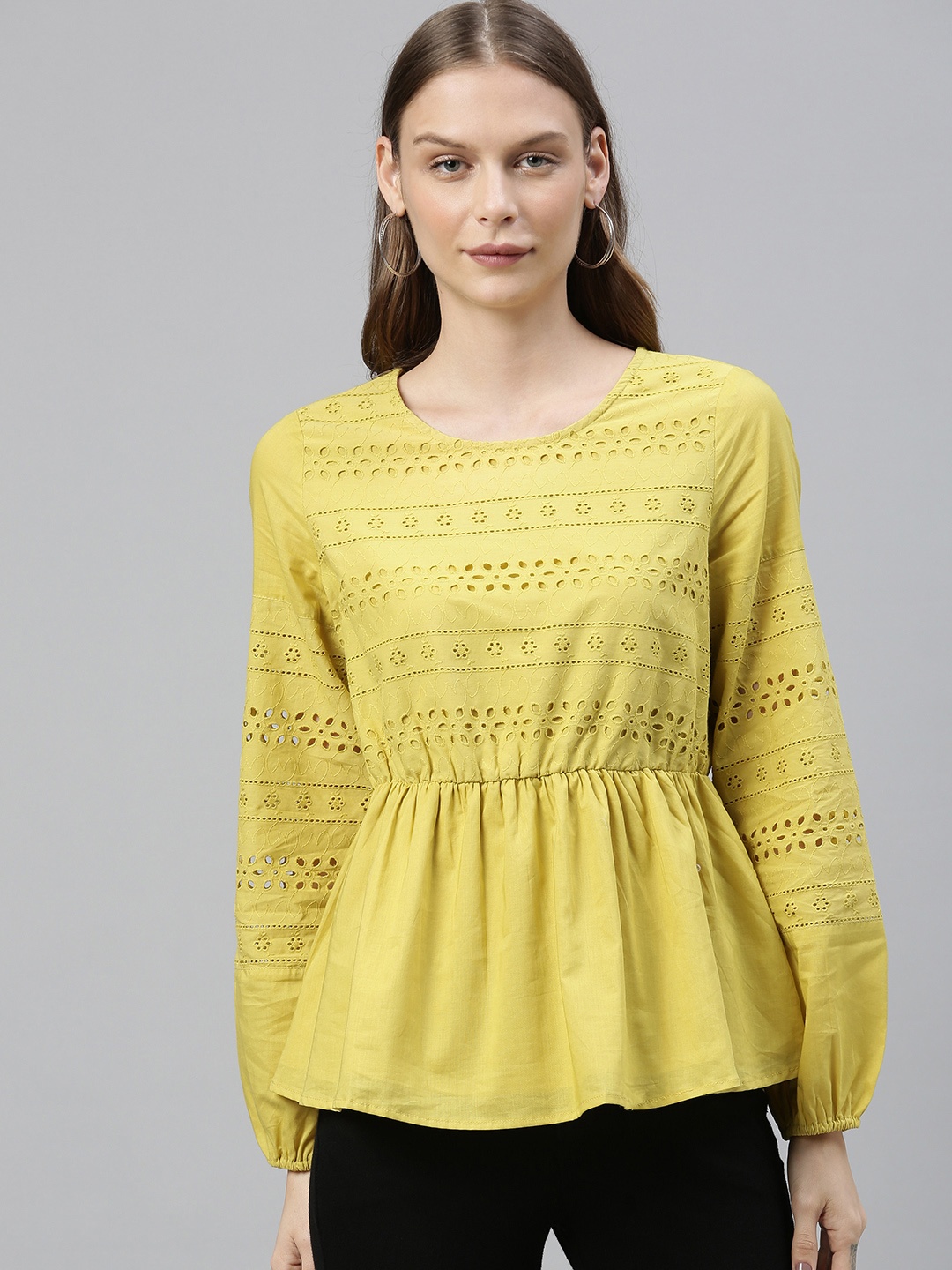 

Vero Moda Women Green Schiffli Embroidered A-Line Top