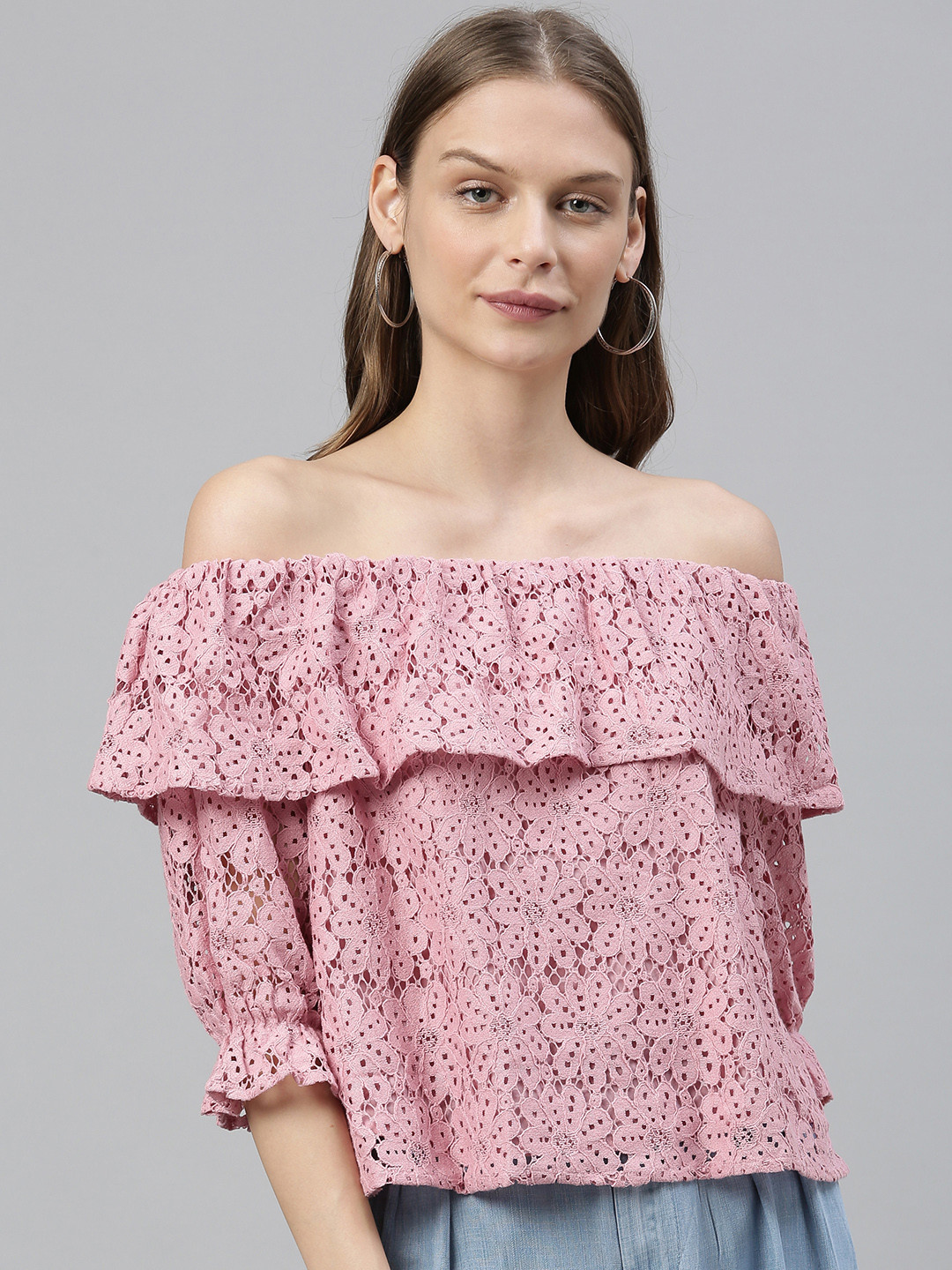 

Vero Moda Women Pink Self Design Bardot Top