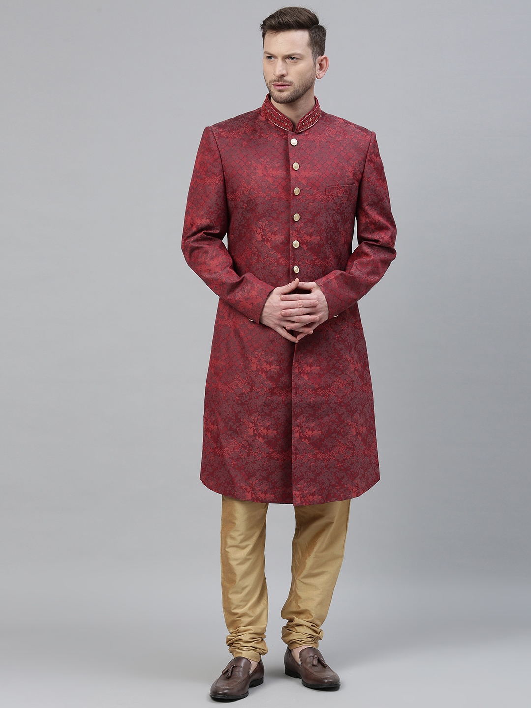 

Louis Philippe Men Red & Gold-Toned Printed Straight Sherwani Set