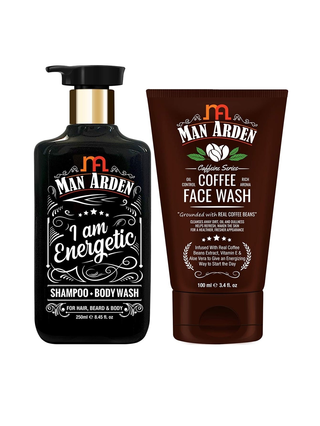 

Man Arden Energetic Shampoo Body Wash 250ml & Coffee Face Wash 100ml, Black