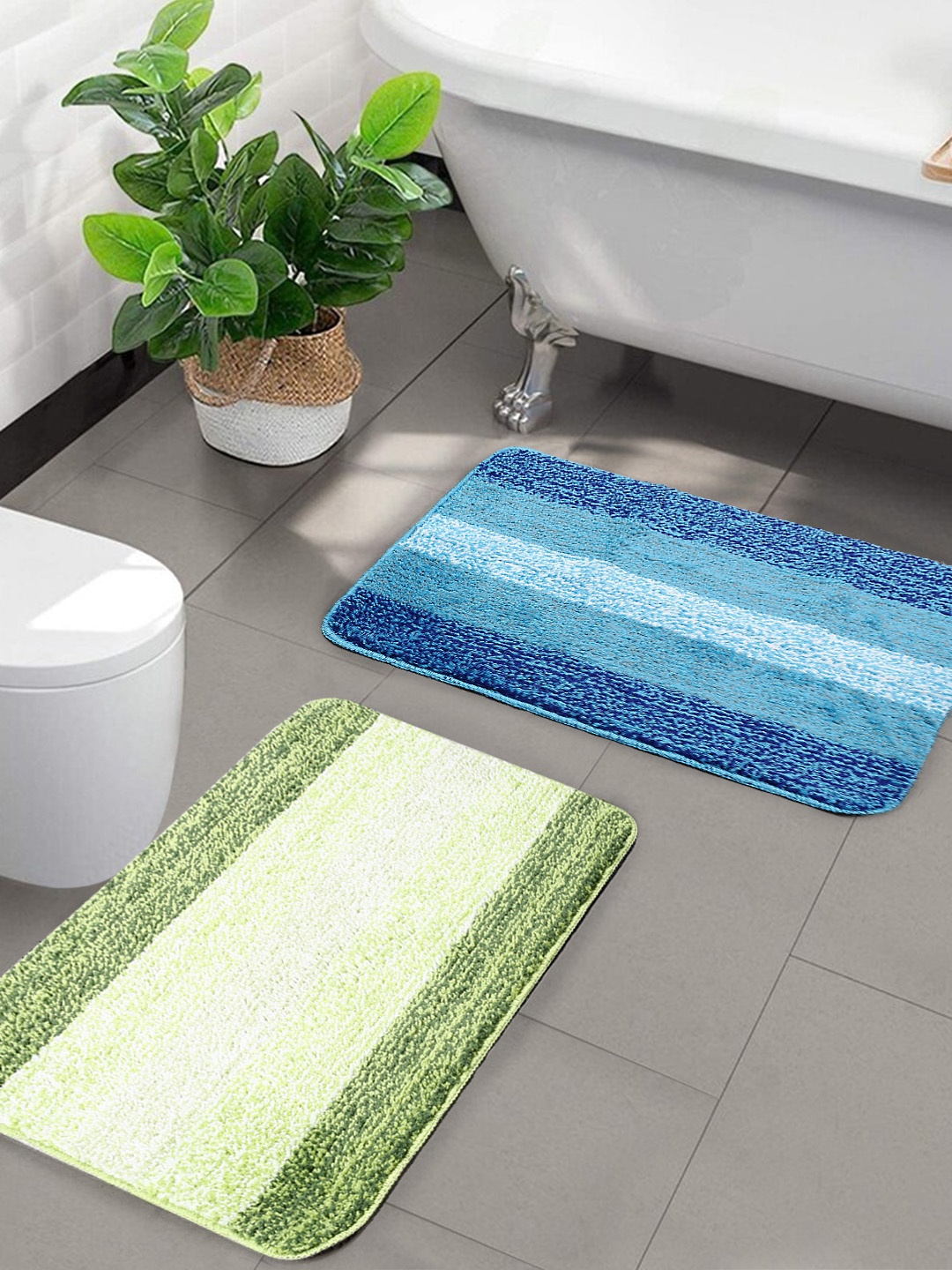 

Saral Home Pack Of 2 Blue & Green Striped Anti-Skid Bath Mats