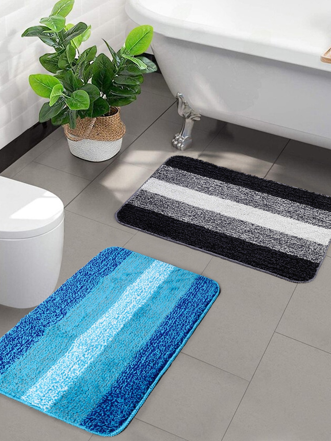 

Saral Home Set Of 2 Striped Anti-Skid Bath Mats, Grey
