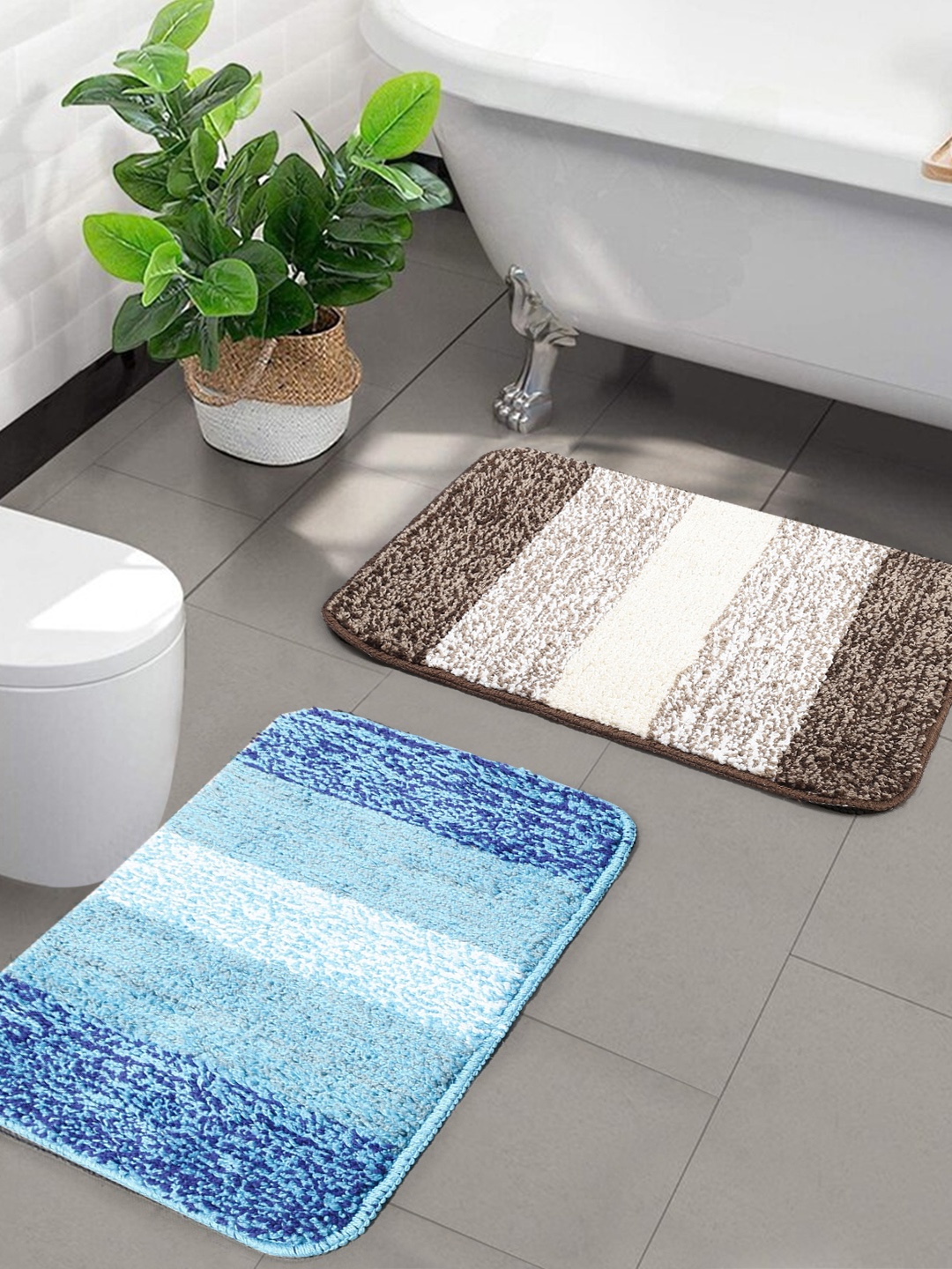 

Saral Home Set of 2 Striped Anti-Skid Bath Rugs, Turquoise blue