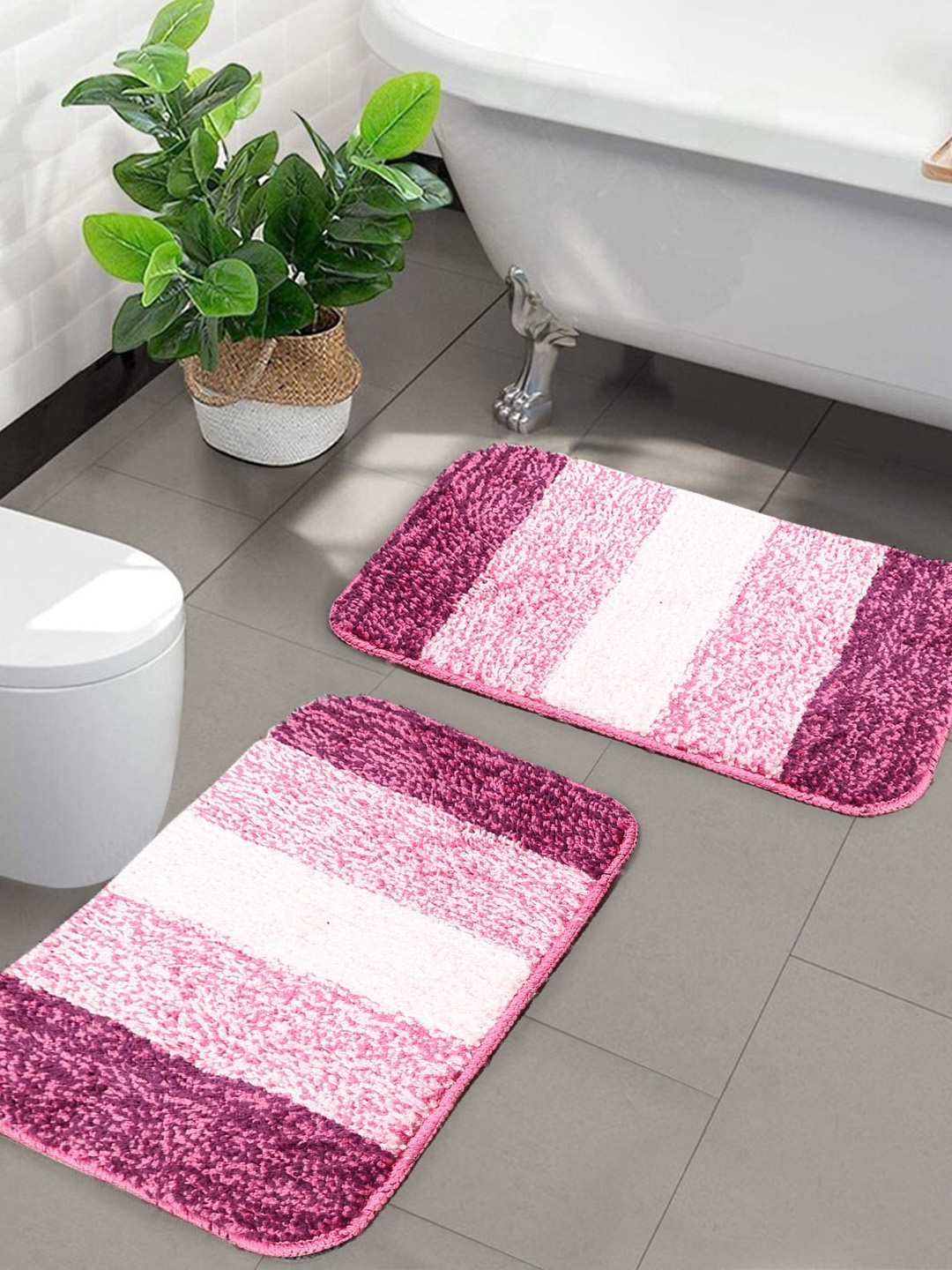 

Saral Home Set of 2 Pink & Peach Striped Water Absorbent Anti Skid Bath Rugs