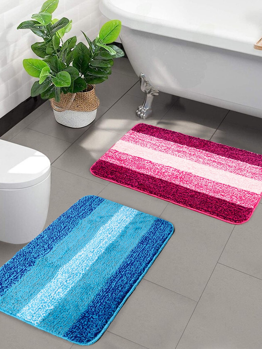 

Saral Home Set of 2 Striped Anti Skid Bath Rugs, Turquoise blue