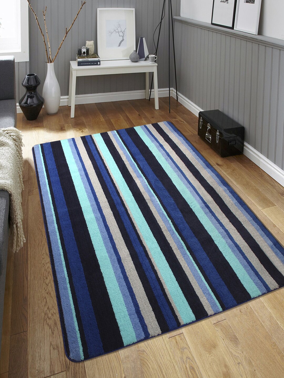 

Saral Home Blue & Black Striped Microfiber Polyester Anti-Skid Carpet
