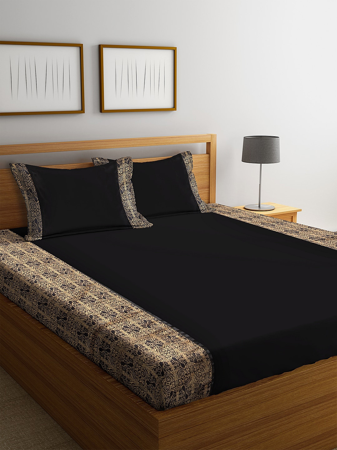 

DECOREALM Black & Gold-Toned Abstract 300 TC Poly Satin 1 King Bedsheet with 2 Pillow Covers