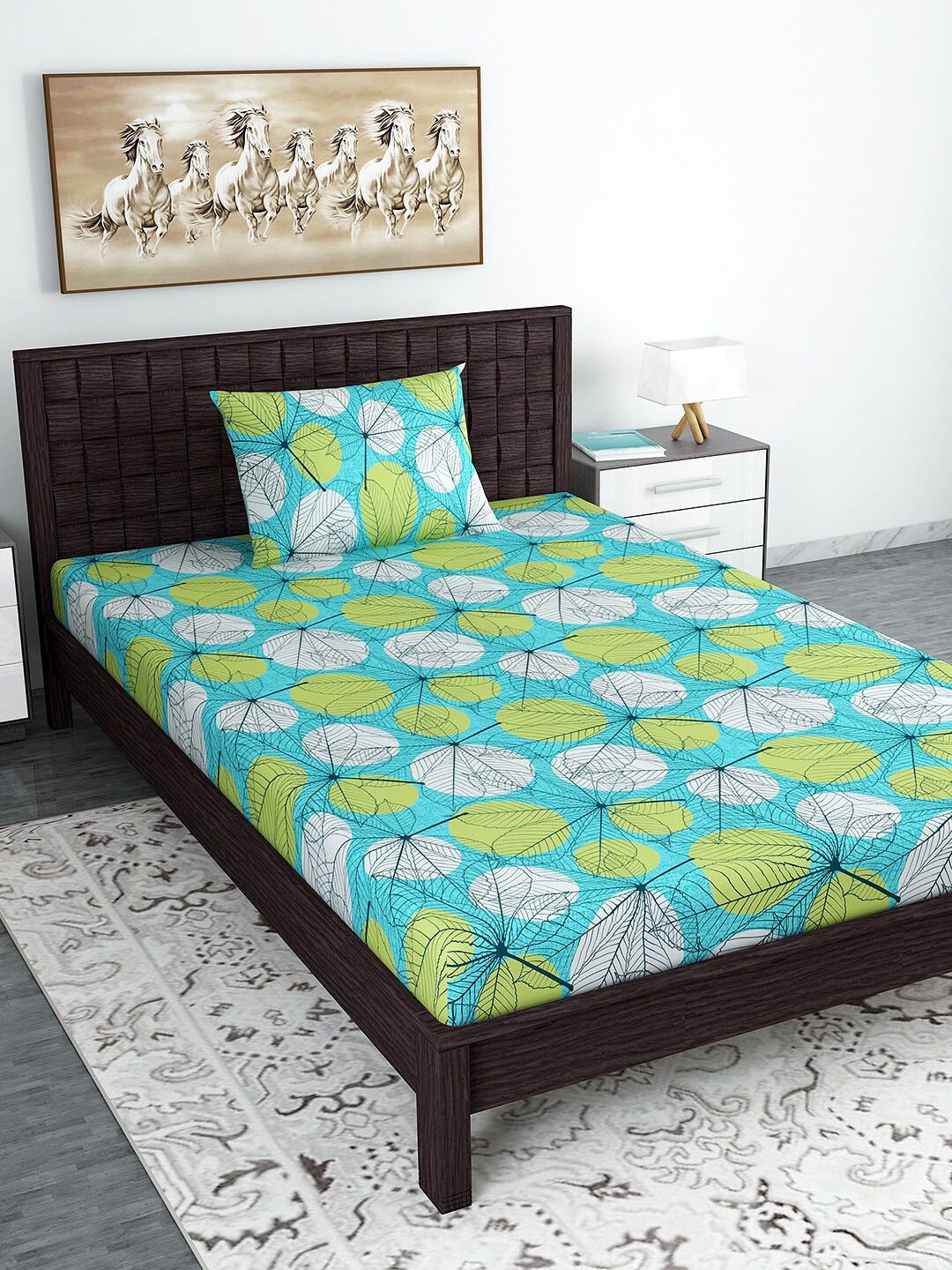 

Divine Casa Green & Turquoise Blue Floral 120 TC Single Bedsheet with 1 Pillow Cover