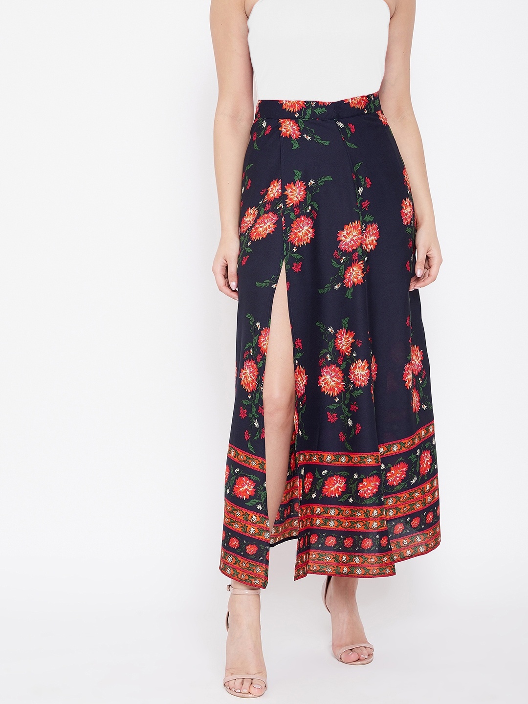 

Berrylush Navy Blue & Red Floral Print A-Line Maxi Skirt
