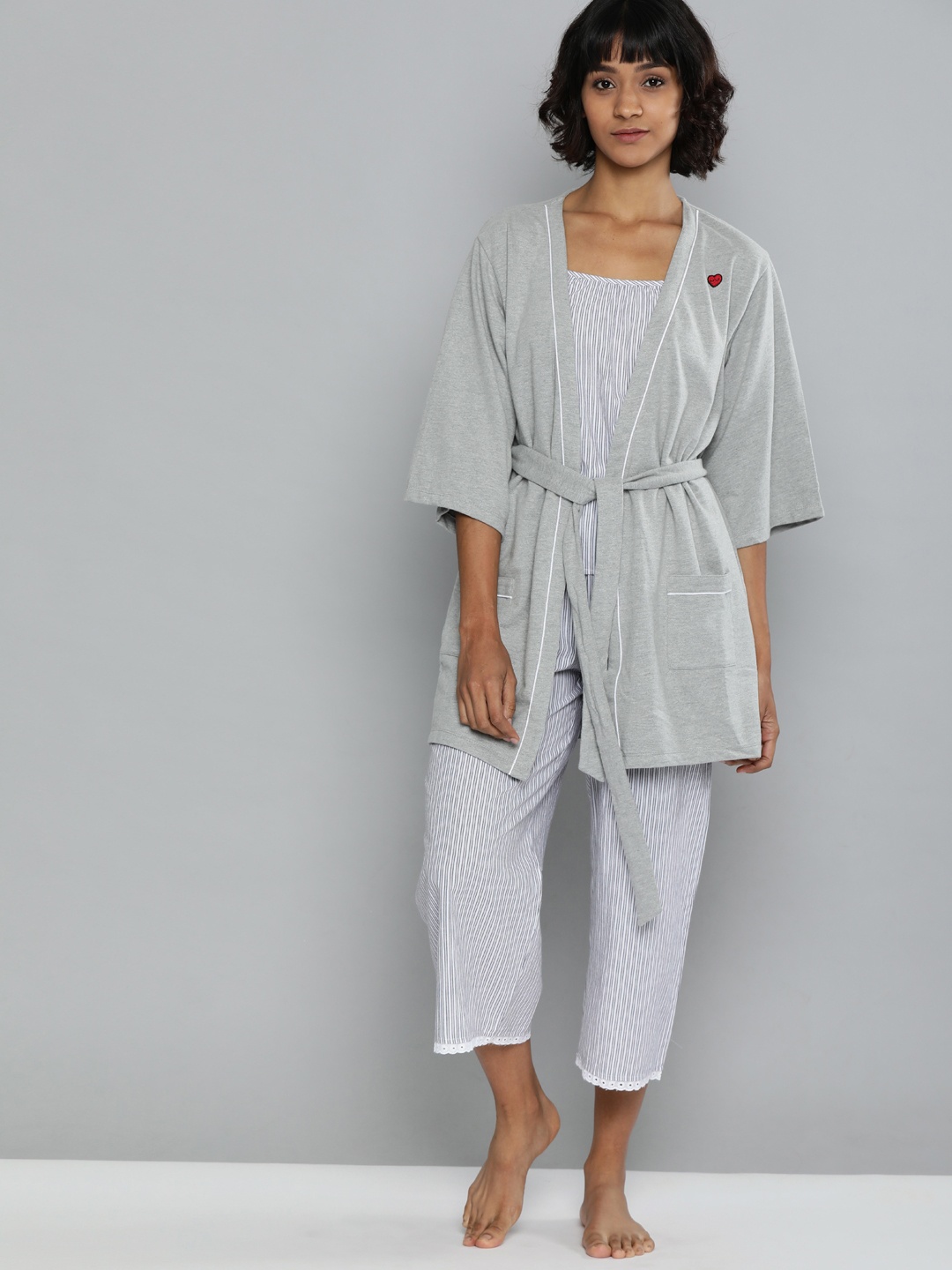

Chemistry Women Grey & White Striped Night suit