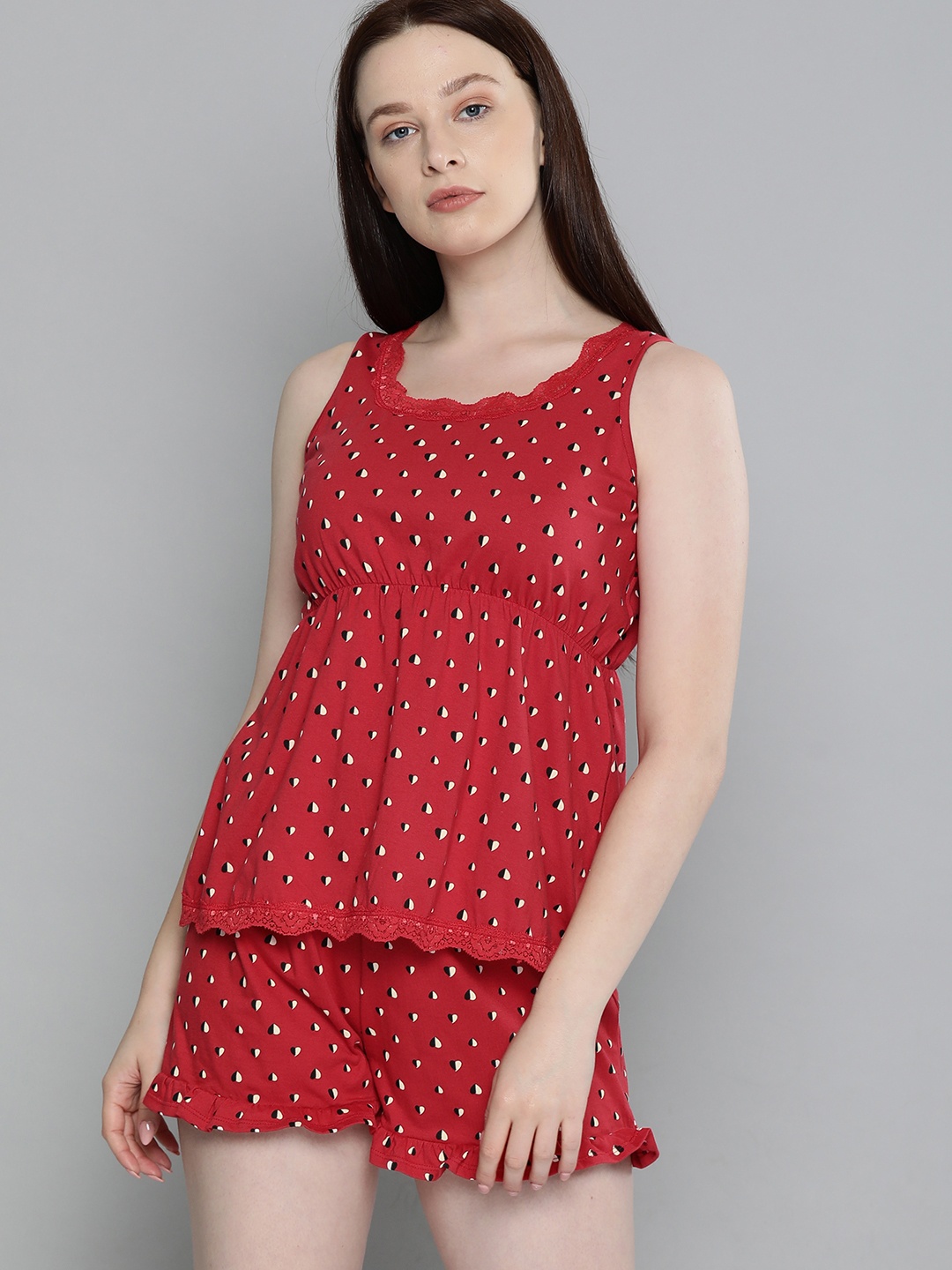 

Chemistry Women Red & White Printed Night suit With Lace Inserts