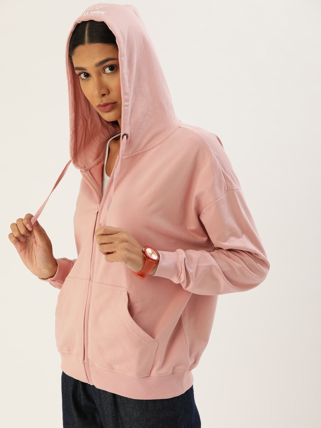 

Flying Machine Women Peach-Coloured Solid Hooded Sweatshirt