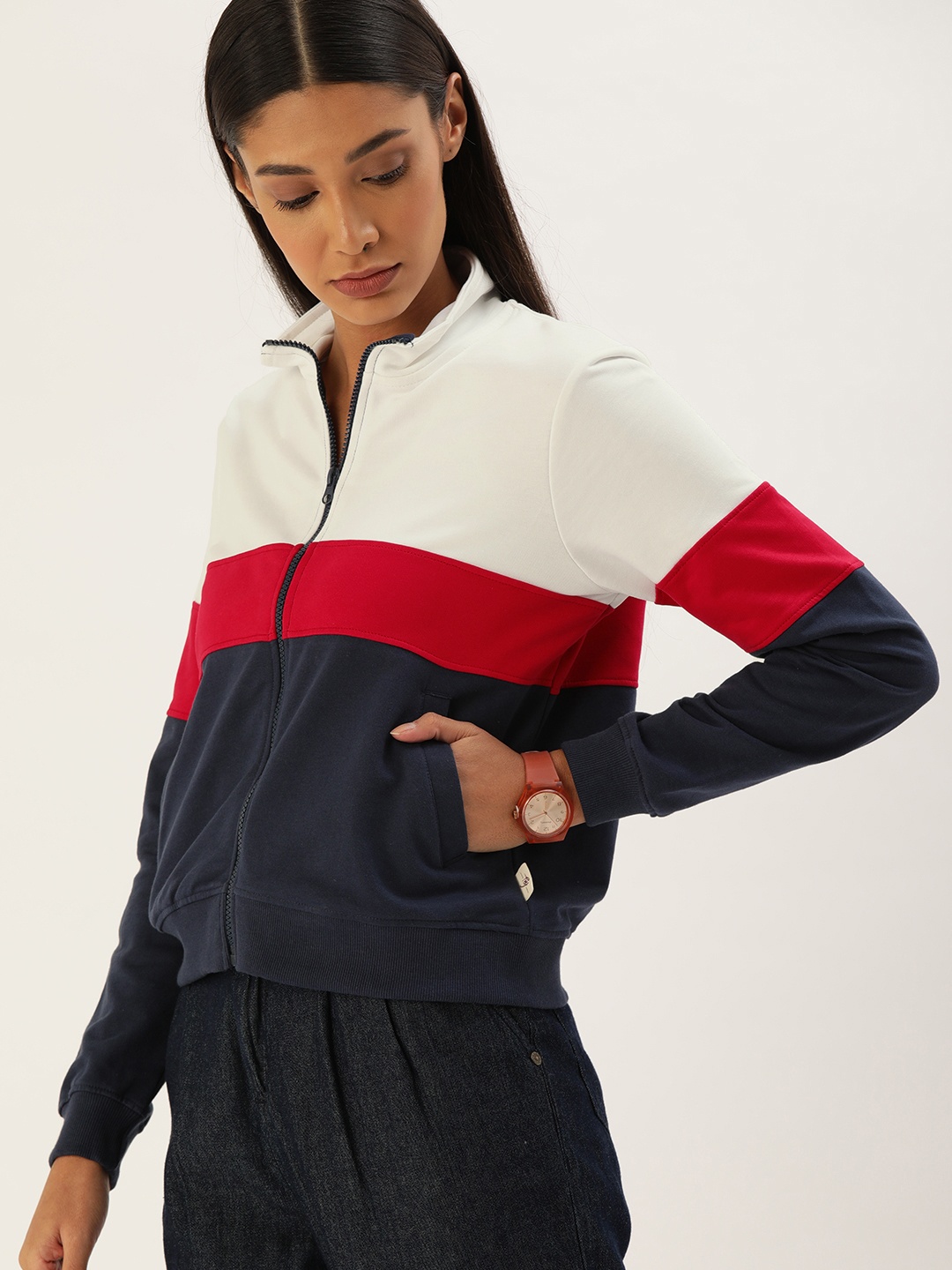 

Flying Machine Women Cotton White & Navy Blue Colourblocked Sweatshirt